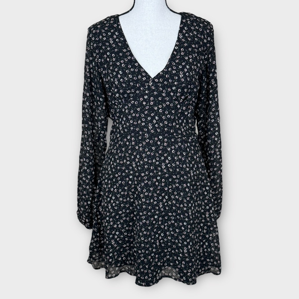NA-KD Black Floral Print Long Sleeve V Neck Wrap‎ Mini Dress Size US8  EU 40